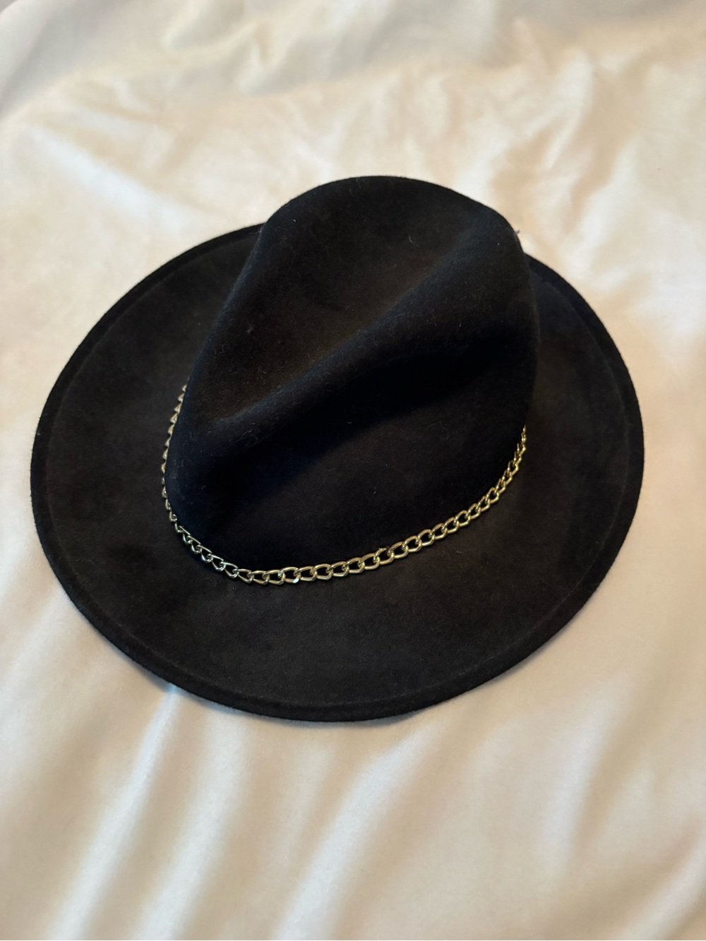 Black Felt Fedora Hat with Gold Chain Trim